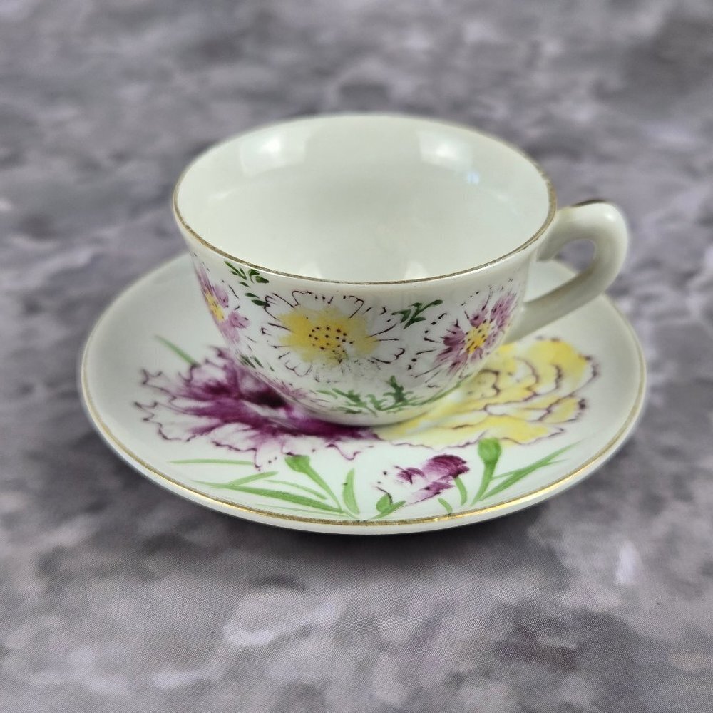 Miniature Cup & Saucer Hand Painted Vintage January Carnation Pink Yellow Green